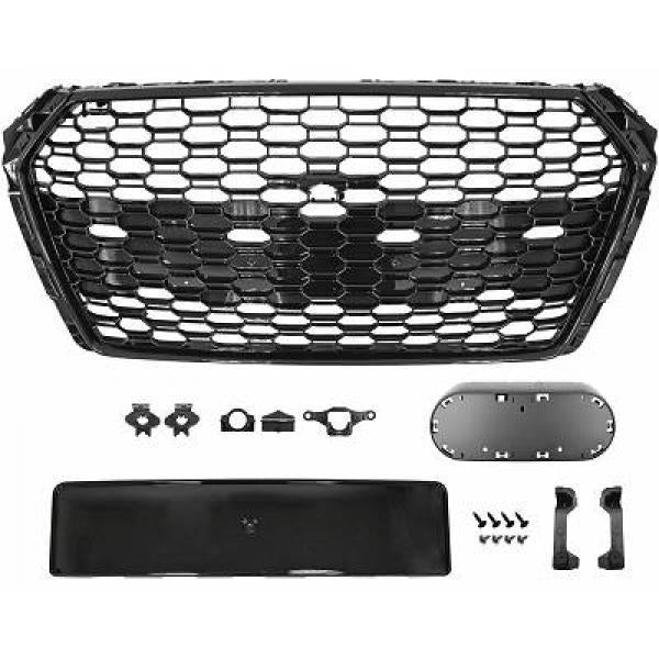 Sportgrill Frontgrill Kühlergrill Wabengrill Passend für Audi A4 B9 Grill ohne Emblem ab 16- Schwarz Glanz