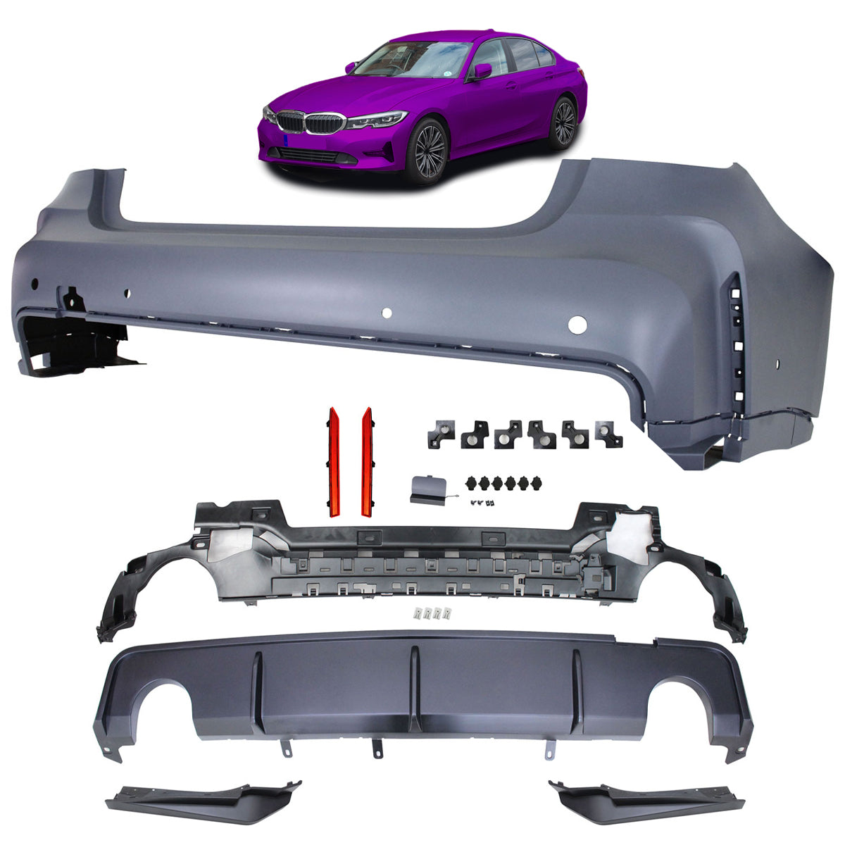 Heckstoßstange mit PDC mit Diffusor passend für BMW 3er G20 Limousine 2019-2022 – Ansicht 1