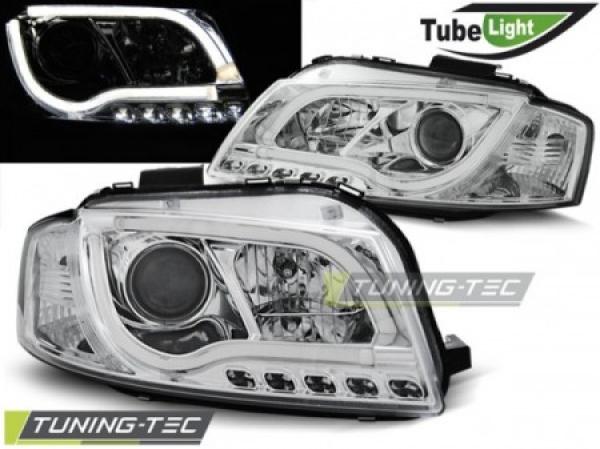 LED Tagfahrlicht Design Scheinwerfer passend für Audi A3 8P 04-08 chrom