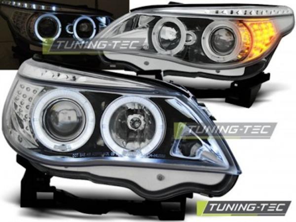 LED Angel Eyes Scheinwerfer passend für BMW 5er E60/E61 03-07 chrom mit LED Blinker