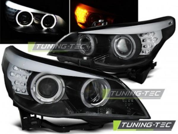 Scheinwerfer Angel Eyes passend für BMW 5er E60 E61 Bj. 03-07 Schwarz mit LED Blinker
