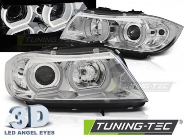 Scheinwerfer 3D Angel Eyes passend für BMW 3er E90 E91 Bj. 05-08 Chrom