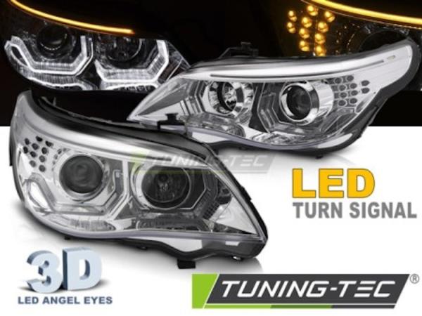 Scheinwerfer 3D Angel Eyes passend für BMW 5er E60 E61 Bj. 03-07 Chrom mit LED Blinker
