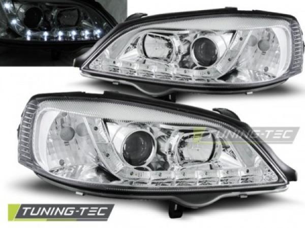 LED Tagfahrlicht Design Scheinwerfer passend für Opel Astra G 98-04 chrom
