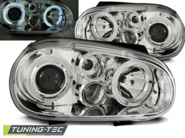 LED Angel Eyes Scheinwerfer passend für VW Golf 4 97-03 mit Nebelscheinwerfern chrom