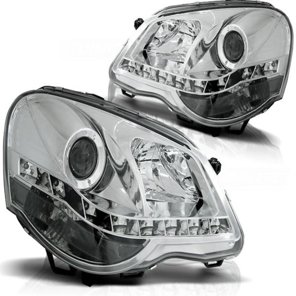 Scheinwerfer LED Tagfahrlicht Optik passend für VW Polo 9N3 Bj. 05-09 Chrom