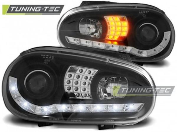Scheinwerfer LED Tagfahrlicht Optik passend für VW Golf 4 Bj. 97-03 Schwarz mit LED Blinker