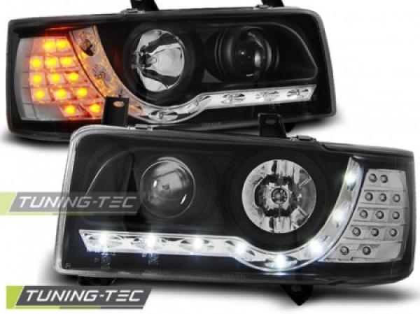 Scheinwerfer LED Tagfahrlicht Optik passend für VW T4 Bus Bj. 90-03 Schwarz LED Blinker