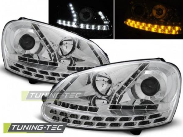 Scheinwerfer LED Tagfahrlicht Optik passend für VW Golf 5 Jetta 5 Bj. 03-10 Chrom mit LED Blinker
