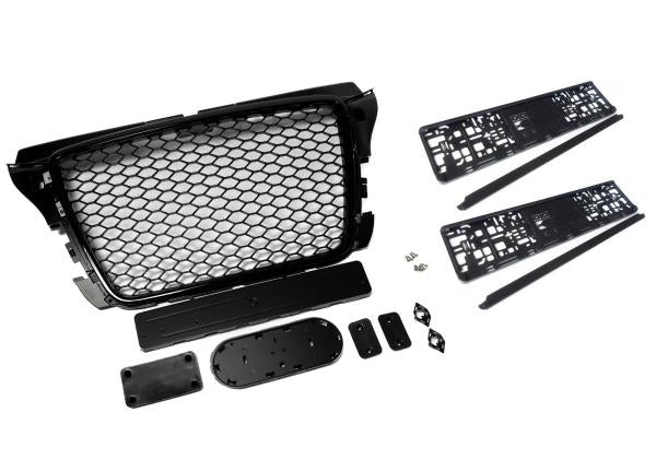 Sportgrill Frontgrill Kühlergrill Wabengrill Passend für Audi A3 8P Facelift Wabengrill Front Grill Kennzeichenhalter 08-13