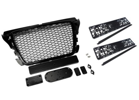 Sportgrill Frontgrill Kühlergrill Wabengrill Passend für Audi A3 8P Facelift Wabengrill Front Grill Kennzeichenhalter 08-13