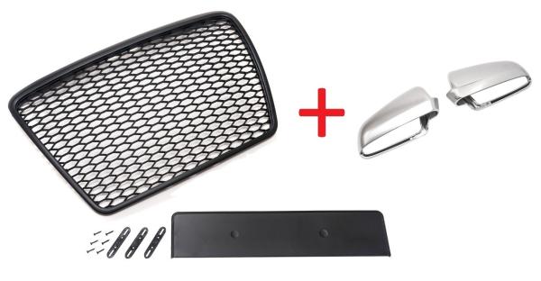 Sportgrill Frontgrill Kühlergrill Wabengrill Passend für Audi A6 4F 05-08 Wabengrill Sport Front Grill Spiegelkappen Alu Look