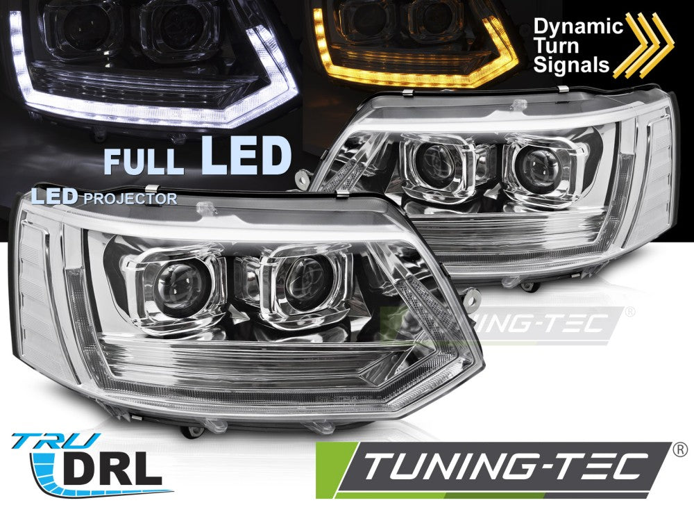 Scheinwerfer Voll-LED Lightbar T6 LOOK Chrom LED-Tagfahrlicht SEQ passend für VW T5 10-15
