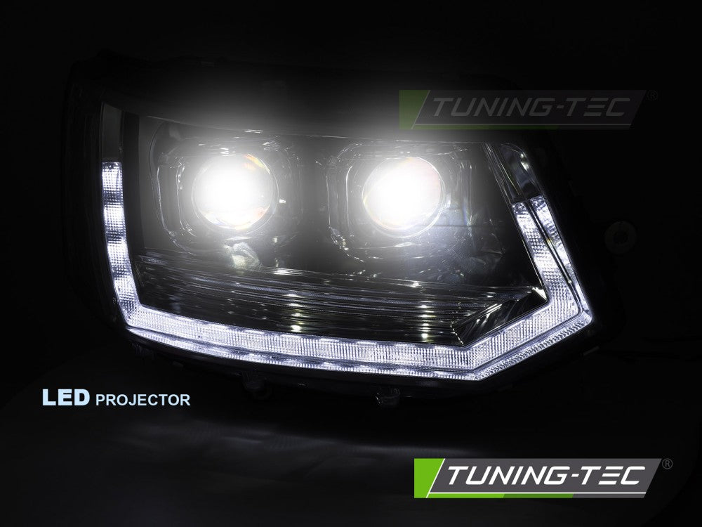 Scheinwerfer Voll-LED Lightbar T6 LOOK Chrom LED-Tagfahrlicht SEQ passend für VW T5 10-15