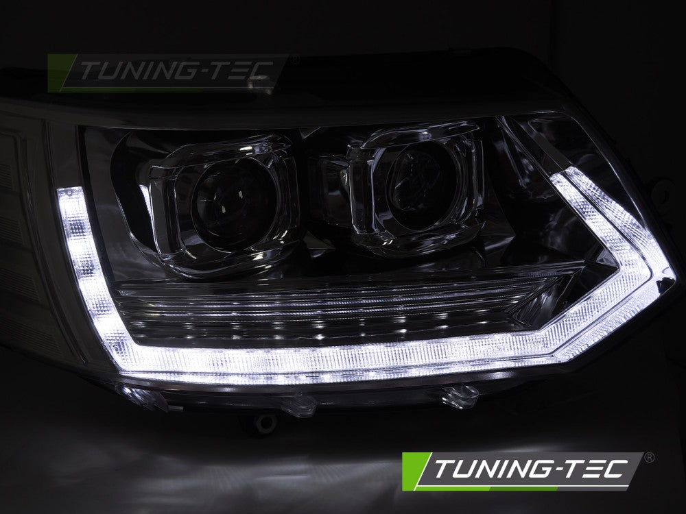 Scheinwerfer Voll-LED Lightbar T6 LOOK Chrom LED-Tagfahrlicht SEQ passend für VW T5 10-15