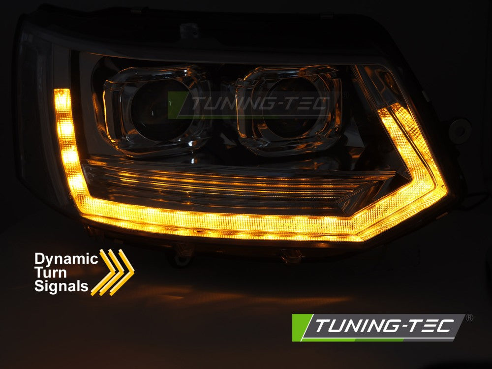 Scheinwerfer Voll-LED Lightbar T6 LOOK Chrom LED-Tagfahrlicht SEQ passend für VW T5 10-15