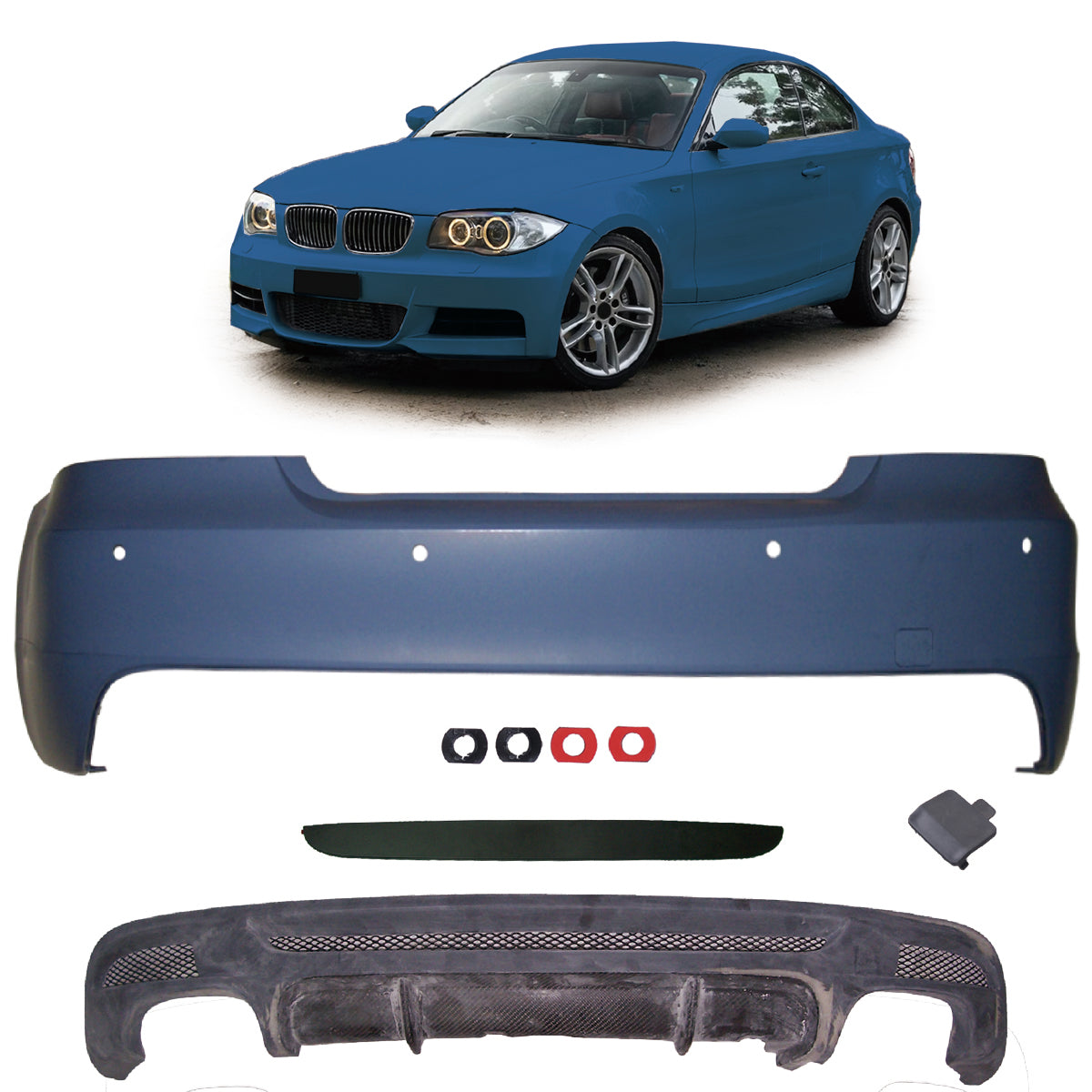 Heckstoßstange Sport mit PDC mit Diffusor passend für BMW 1er E82 E88 2007-2013 – Ansicht 1