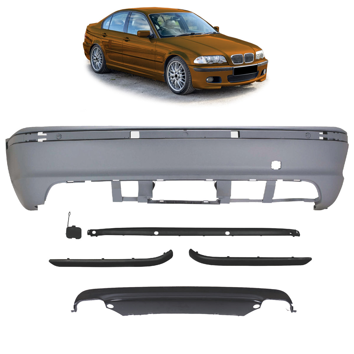 Heckstoßstange Sport mit PDC mit Diffusor passend für BMW 3 (E46) Limousine 1998-2005 – Ansicht 1