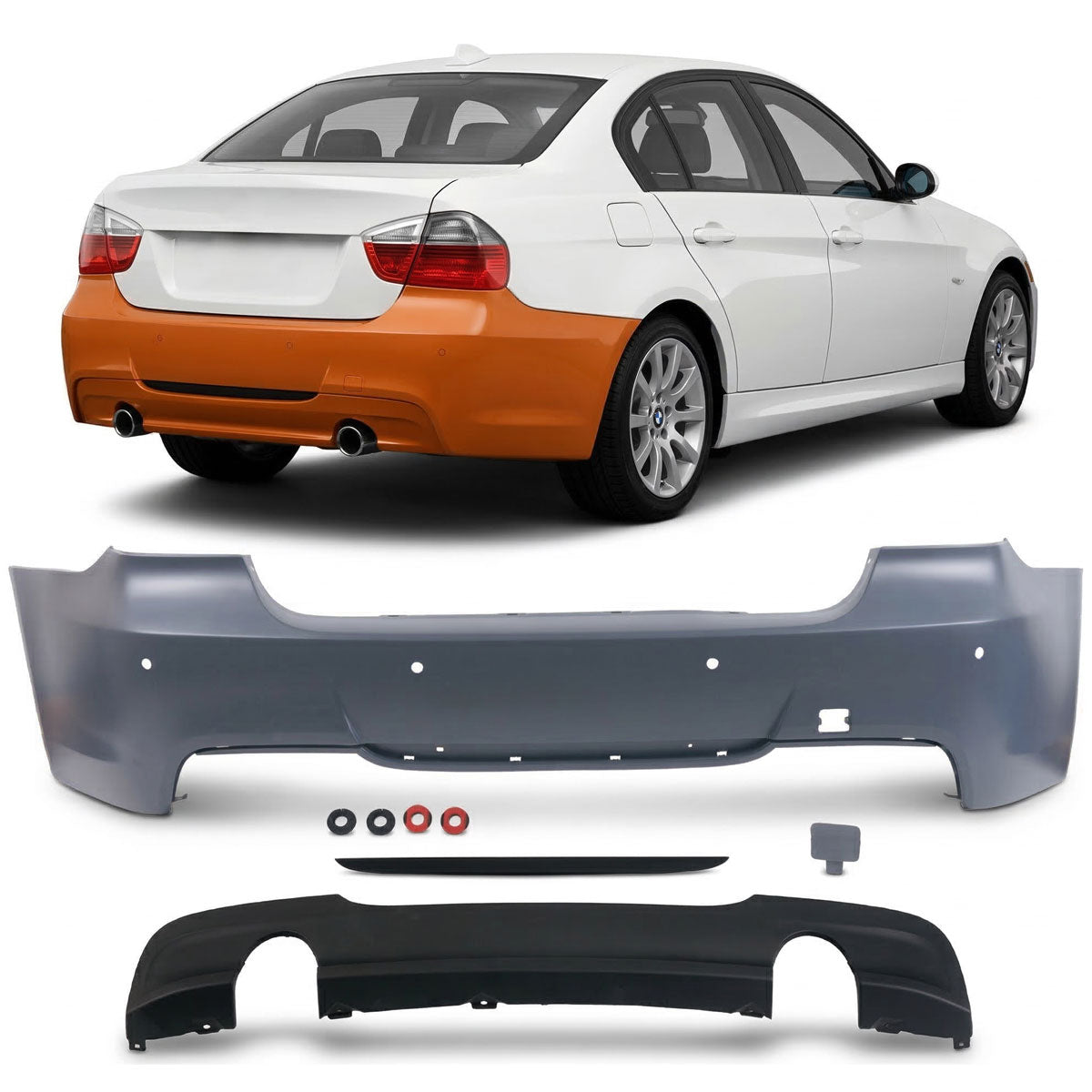 Heckstoßstange M-Tech mit PDC mit Diffusor passend für BMW 3er E90 Limousine 2005-2011 – Ansicht 1