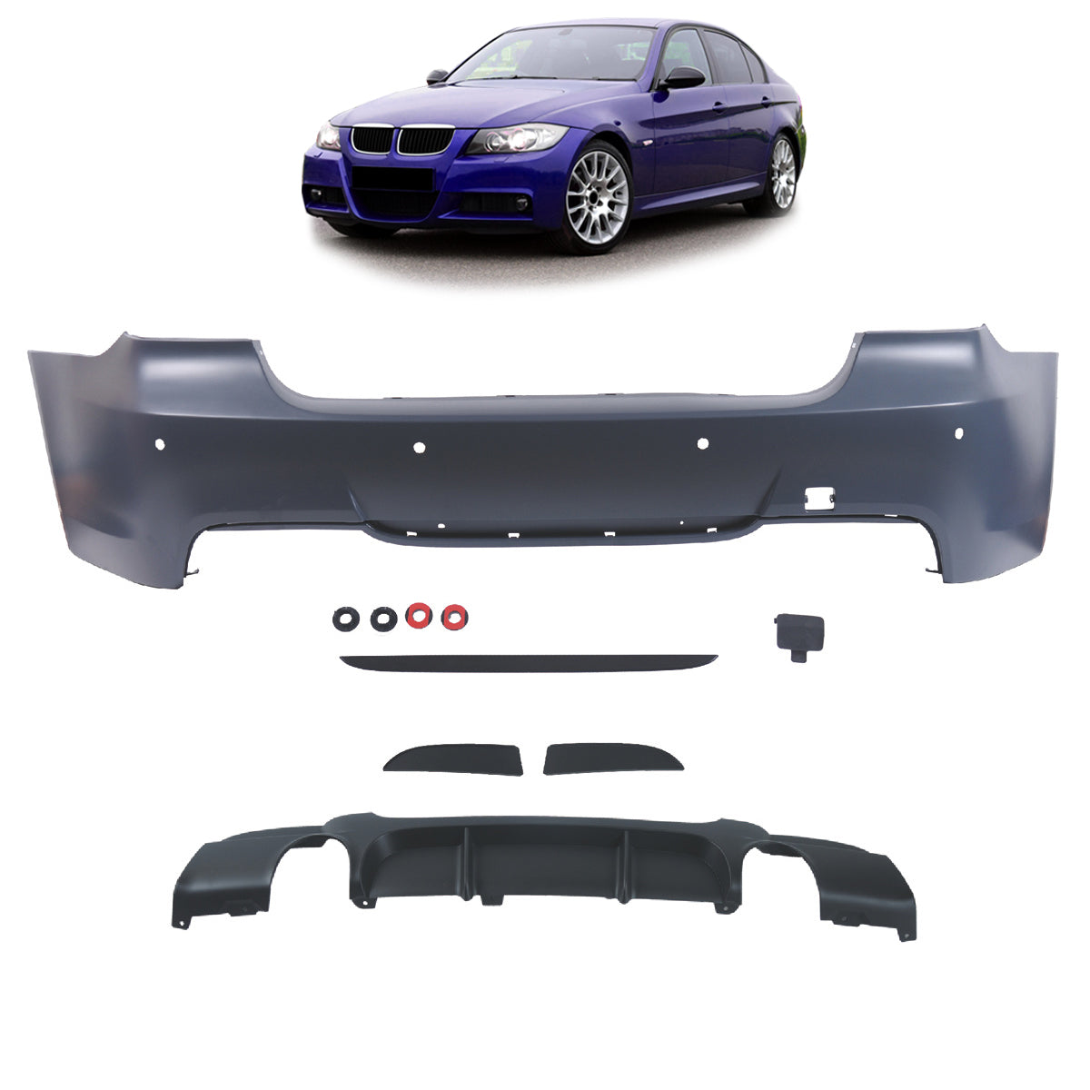 Heckstoßstange M-Tech mit PDC mit Diffusor passend für BMW 3er E90 Limousine 05-11 – Ansicht 1