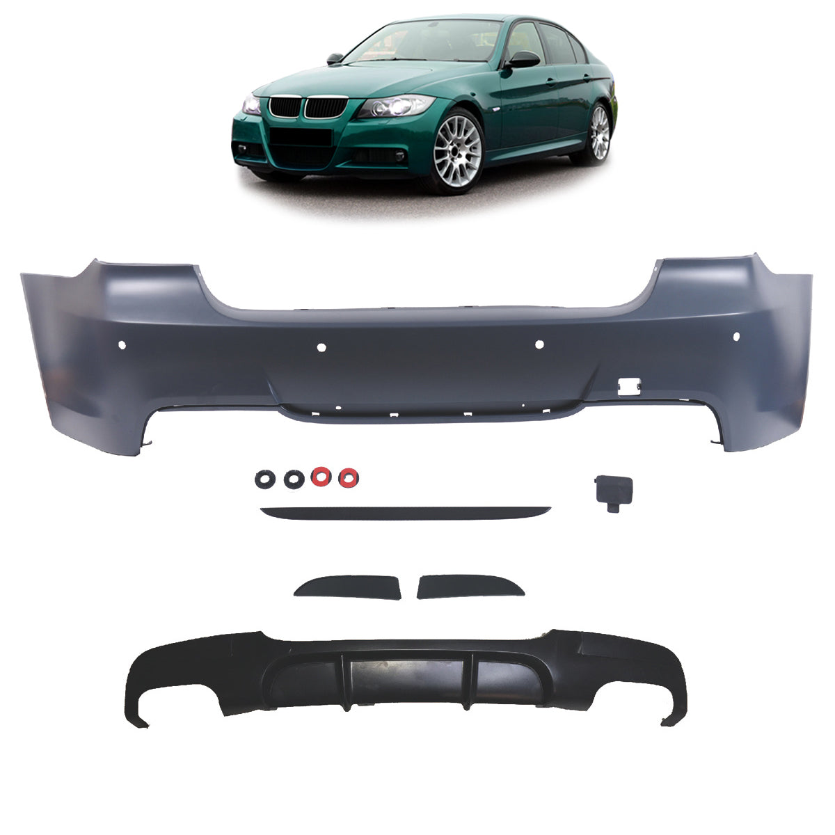 Heckstoßstange Sport mit PDC mit Diffusor passend für BMW 3er (E90) 2005-2011 – Ansicht 1