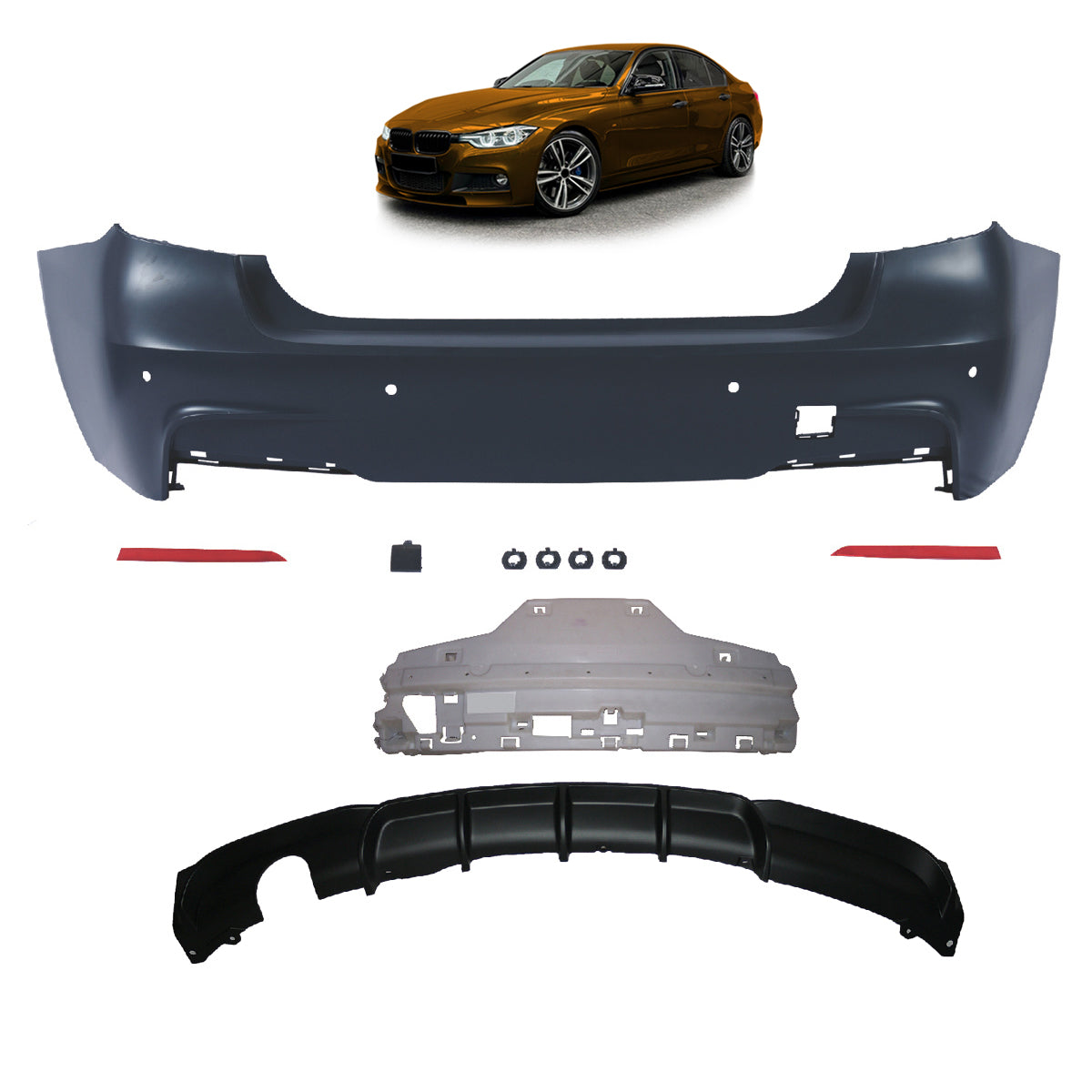 Heckstoßstange mit PDC mit Diffusor passend für BMW 3er F30 Limousine 2011-2018 – Ansicht 1