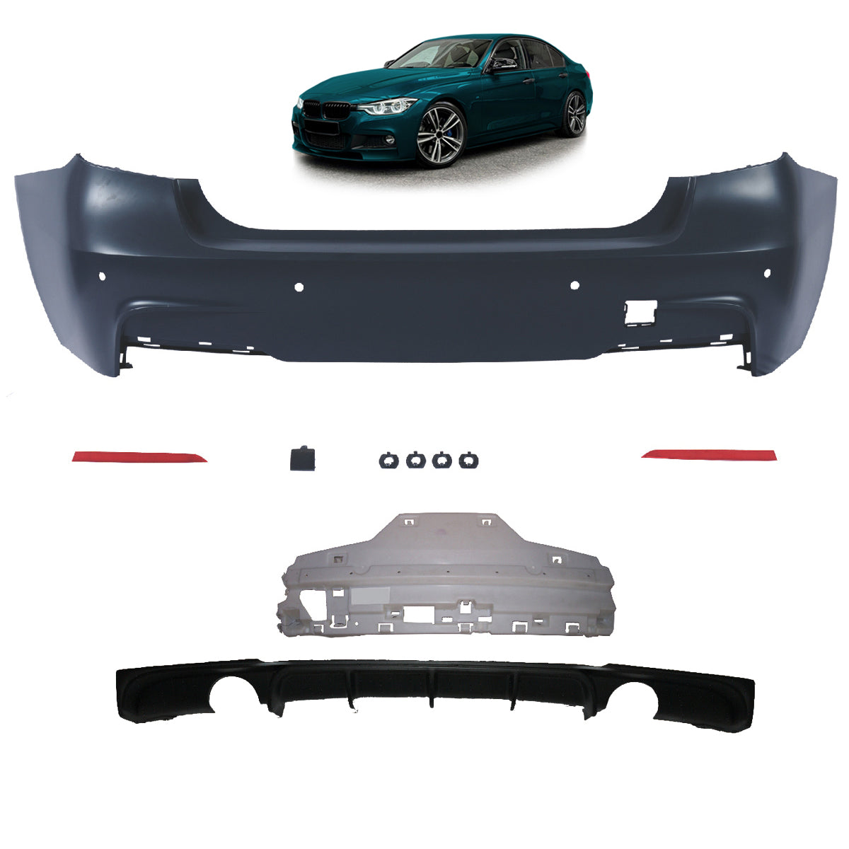 Heckstoßstange Sport mit PDC mit Diffusor passend für BMW 3 (F30) Limousine 2011-2018 – Ansicht 1