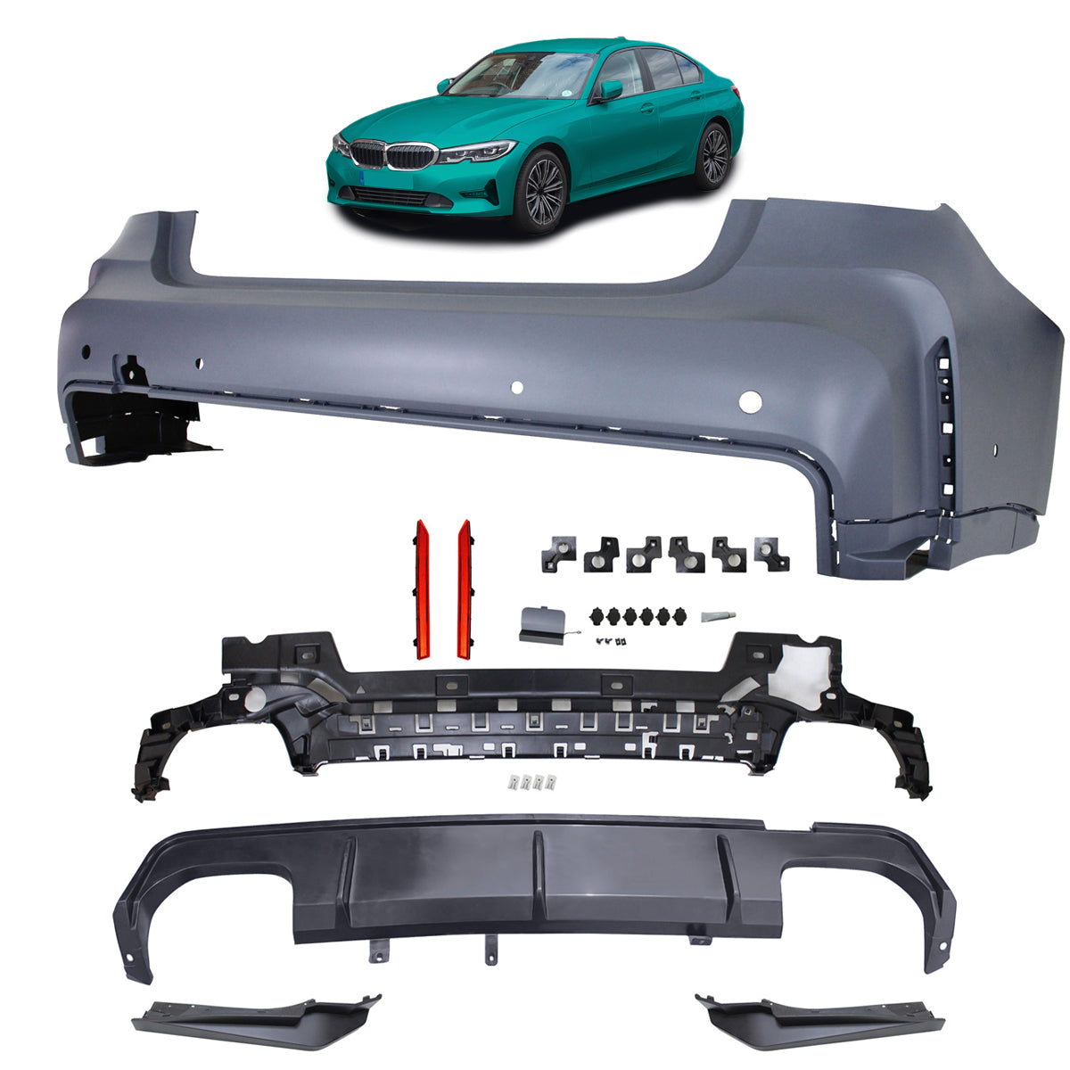 Heckstoßstange mit PDC mit Diffusor passend für BMW 3er G20 Limousine 2019-2022 – Ansicht 1