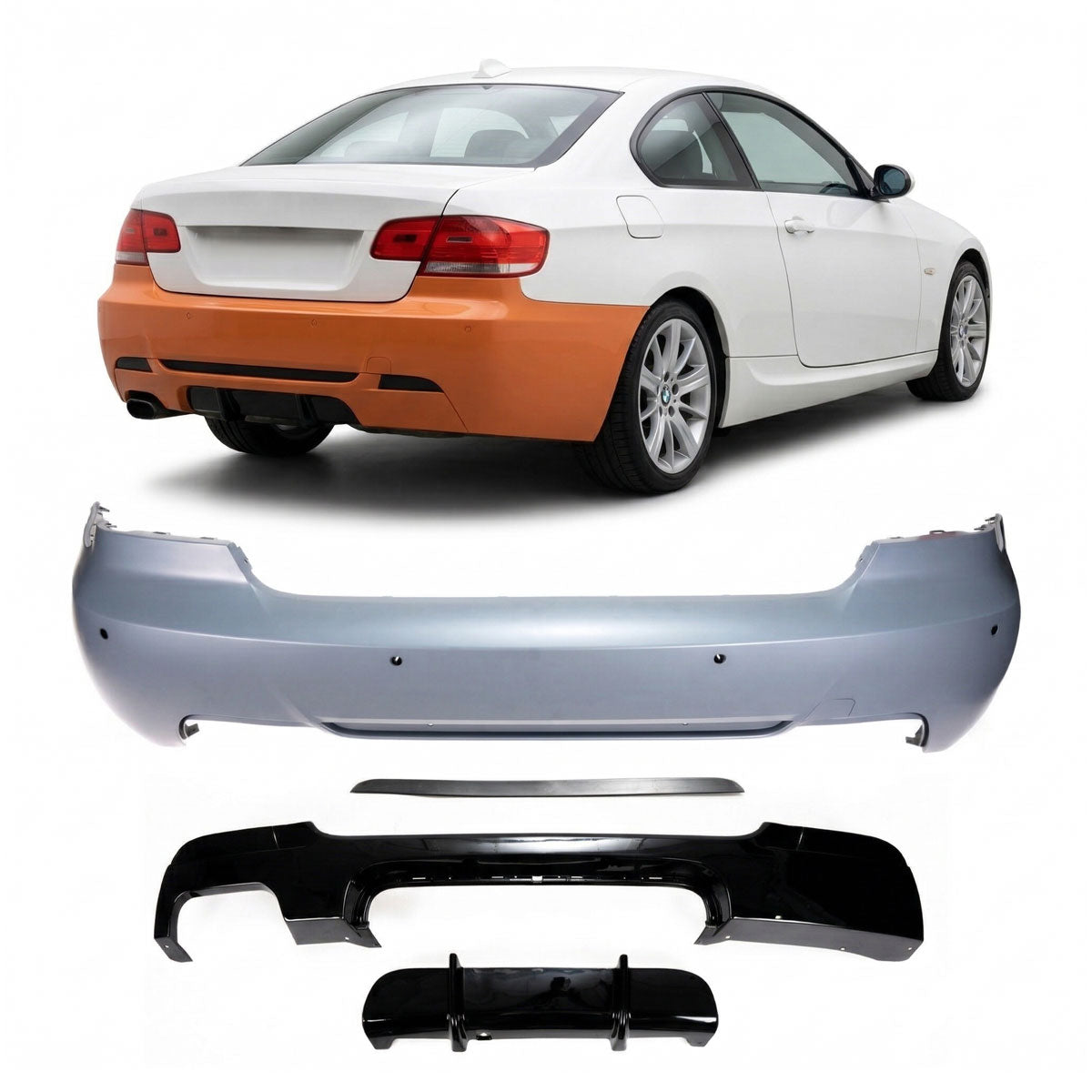 Heckstoßstange M-Tech mit PDC mit Diffusor passend für BMW 3er E92 E93 06-13 – Ansicht 1