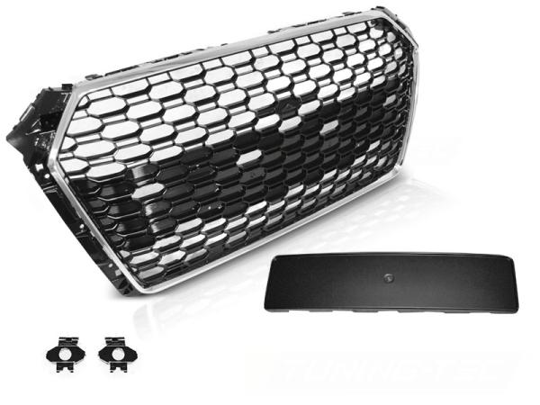 Sportgrill / Kühlergrill passend für Audi A4 B9 (8W) 15-19 chrom/Hochglanz schwarz in Wabendesign mit PDC