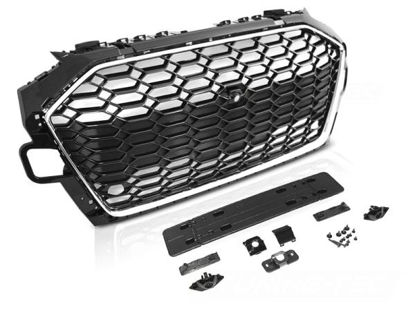 Sportgrill / Kühlergrill passend für Audi A4 B9 (8W) ab 2019 (Facelift) chrom/Hochglanz schwarz in Wabendesign mit PDC