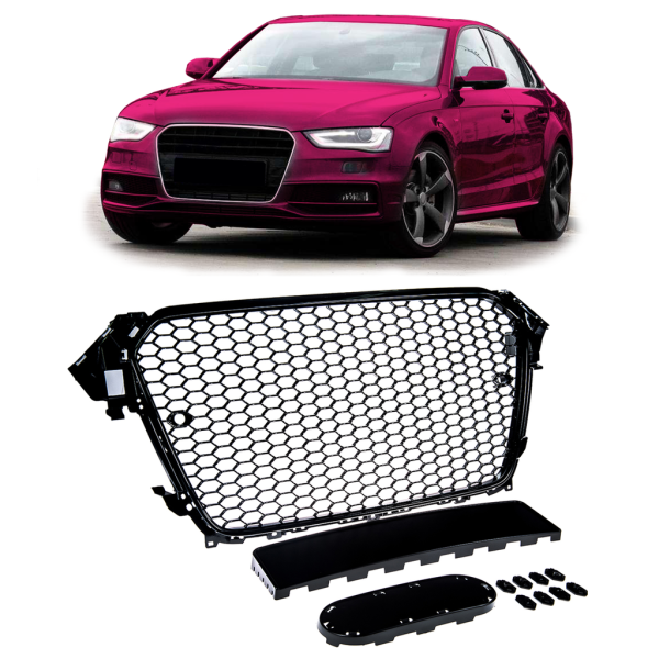 Sportgrill / Kühlergrill passend für Audi A4 B8 Facelift 13-16 Hochglanz-schwarz mit Emblemhalter