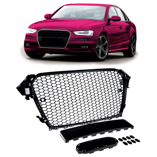 Sportgrill / Kühlergrill passend für Audi A4 B8 Facelift 13-16 Hochglanz-schwarz mit Emblemhalter