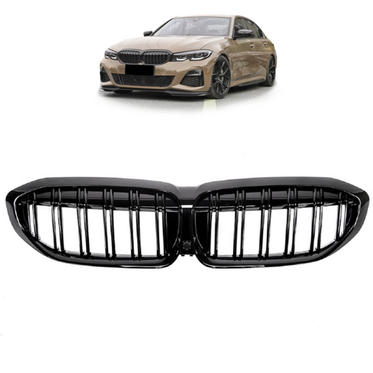 Set Doppelsteg Kühlergrill passt passend für den BMW 3er G20 G21 Schwarz Glanz Sport