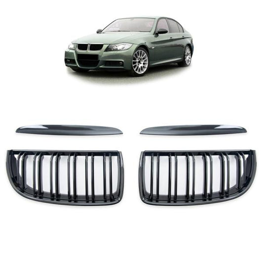 Sportgrill Kühlergrill Doppelsteg passend für BMW 3er E90 / E91 05-08 Hochglanz schwarz