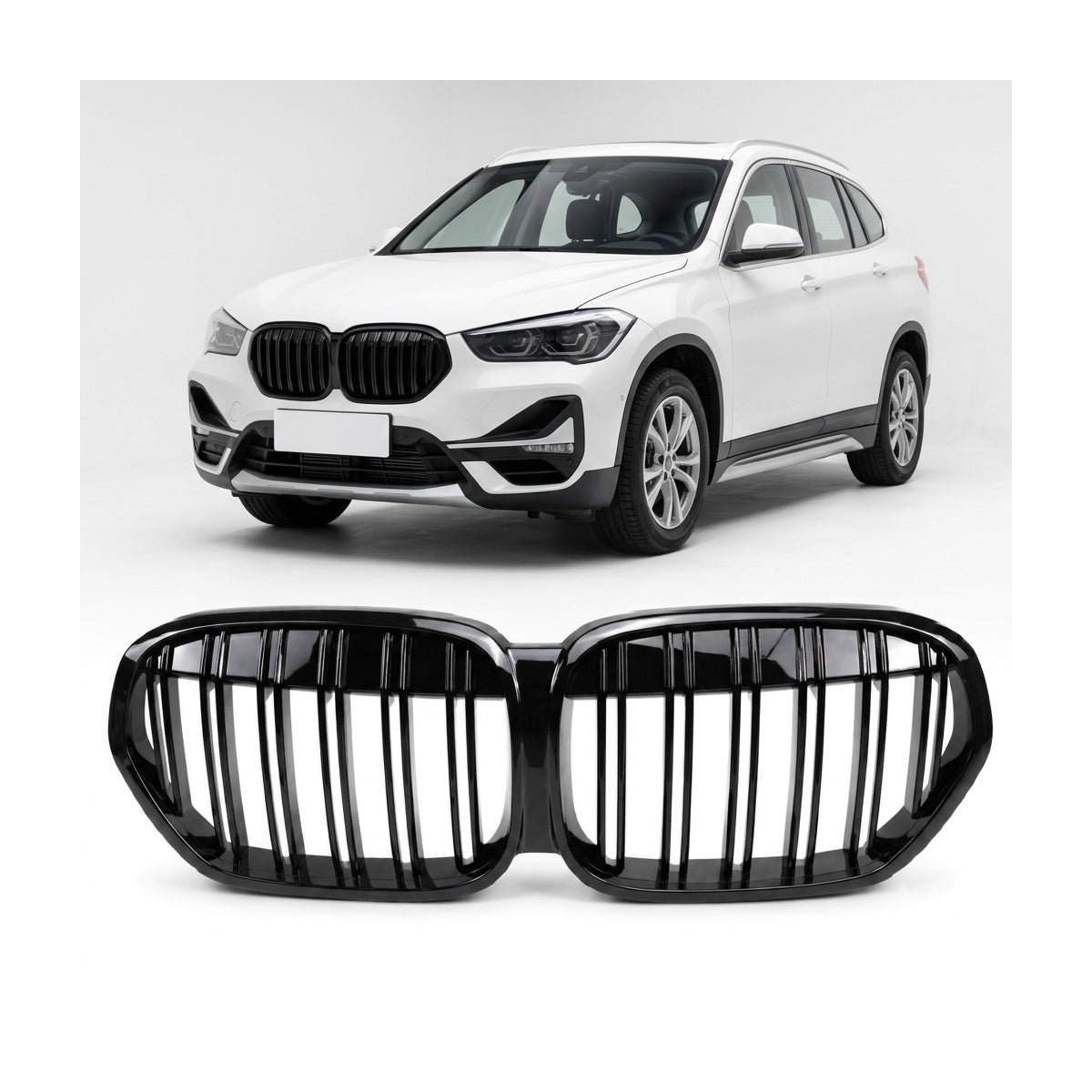 passend für BMW X1 F48 LCI 2019-2022 Gloss Black Double Line Front Grille – Bild 1
