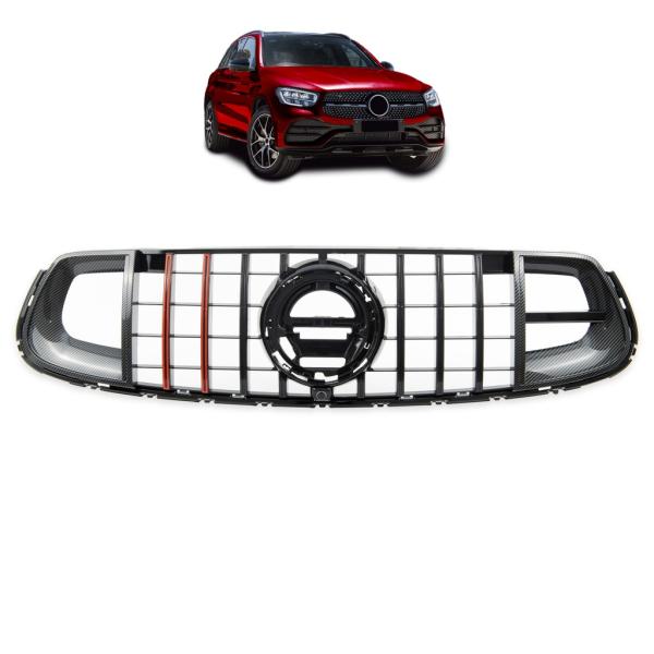Kühlergrill Schwarz Rot + Carbon passt passend für Mercedes GLC X253 Evo Panamericana GT