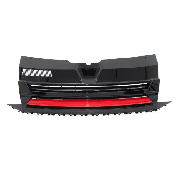 Kühlergrill Schwarz Glanz Rote Leiste ohne Emblem passend für VW T6 Bus Transporter 15-