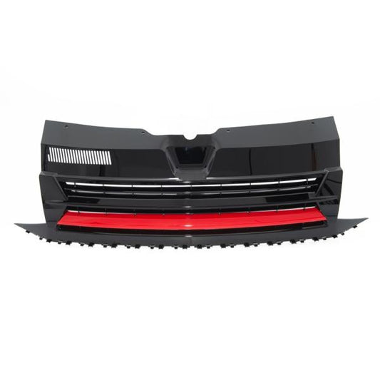 Kühlergrill Schwarz Glanz Rote Leiste ohne Emblem passend für VW T6 Bus Transporter 15-