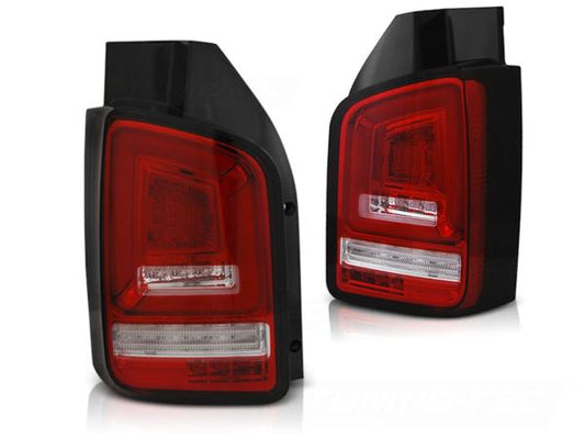 Voll LED Lightbar Rückleuchten passend für VW T5 Bj. 03-09 Rot/Chrom dynamischer Blinker