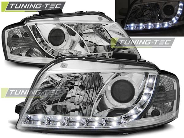 LED Tagfahrlicht-Design Scheinwerfer passend für Audi A3 8P 04-08 chrom