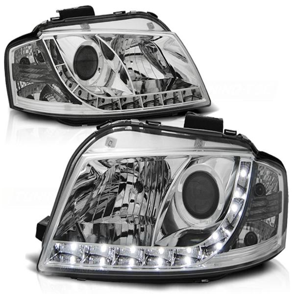 LED Tagfahrlicht-Design Scheinwerfer passend für Audi A3 8P 04-08 chrom