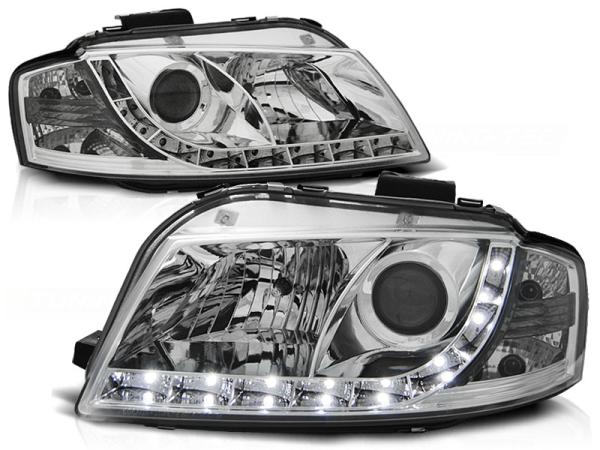 LED Tagfahrlicht-Design Scheinwerfer passend für Audi A3 8P 04-08 chrom