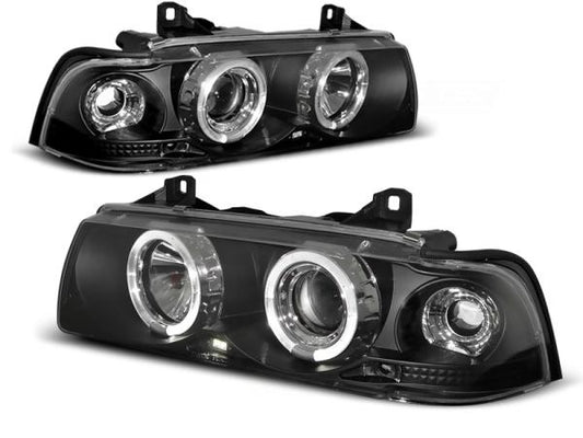 Scheinwerfer Angel Eyes passend für BMW 3er E36 Cabrio Coupe Bj. 92-99 Schwarz