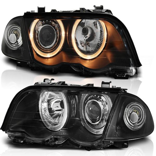 Scheinwerfer Angel Eyes passend für BMW 3er E46 Limo Touring Bj. 98-01 Schwarz