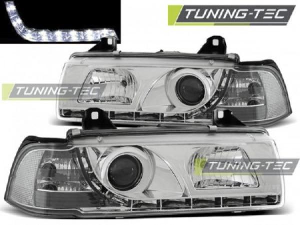 Scheinwerfer LED Tagfahrlicht Optik passend für BMW 3er E36 Limo Touring Bj. 90-99 Chrom
