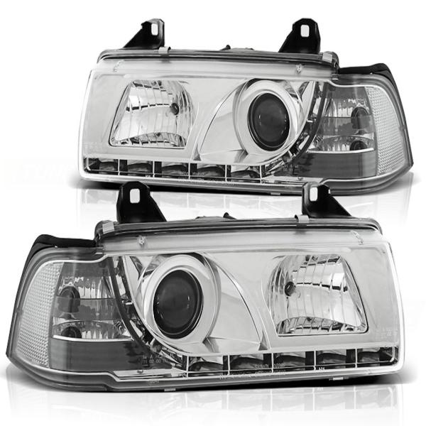 Scheinwerfer LED Tagfahrlicht Optik passend für BMW 3er E36 Limo Touring Bj. 90-99 Chrom