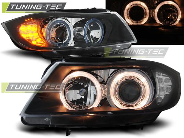 Scheinwerfer Angel Eyes passend für BMW 3er E90 E91 Bj. 05-08 Schwarz mit LED Blinker