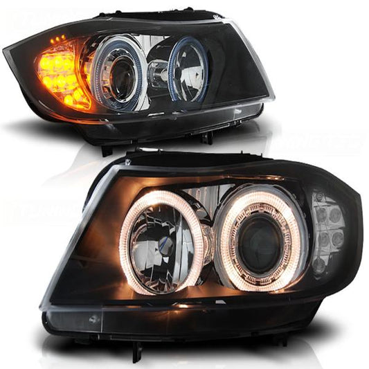 Scheinwerfer Angel Eyes passend für BMW 3er E90 E91 Bj. 05-08 Schwarz mit LED Blinker