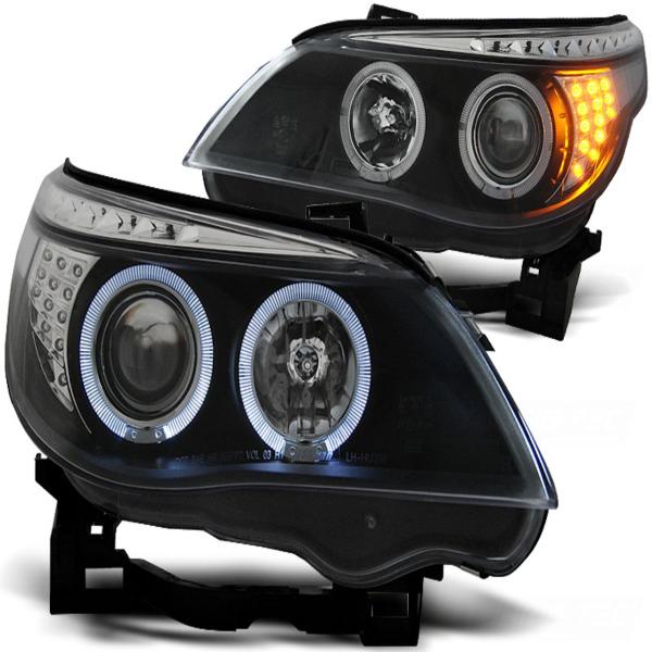 LED Angel Eyes Scheinwerfer passend für BMW 5er E60/E61 03-07 schwarz mit LED Blinker